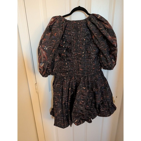 ULLA JOHNSON Gwen Dress Size 12 Obsidian Printed V Neck Puff Sleeve‎ Mini NEW - Picture 5 of 12